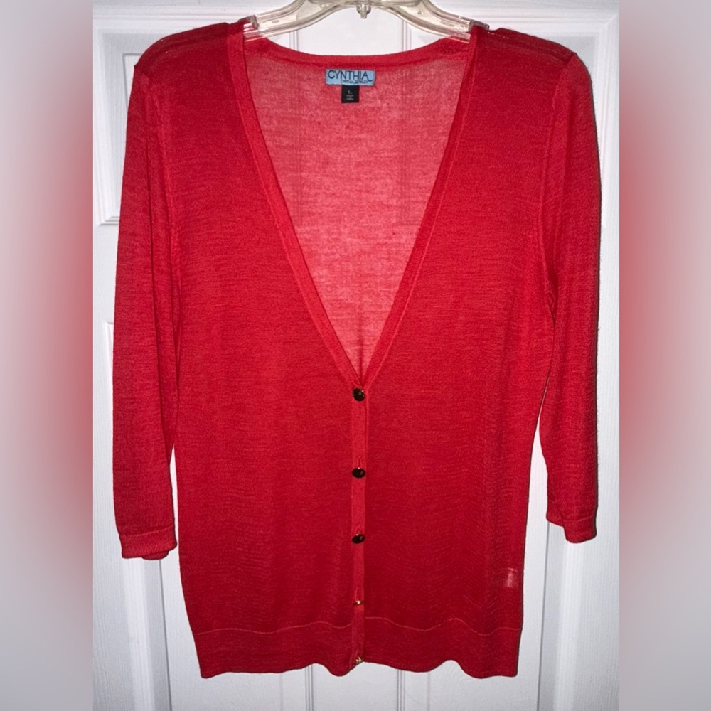 Cynthia Rowley Vibrant Red Sheer 3/4 Cardigan V-neck Large
